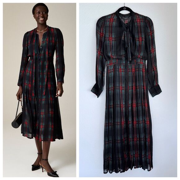 NWT J.Crew Tie-Neck Dress in Stewart Tartan Viscose Chiffon Black Red Green XS - Picture 1 of 15